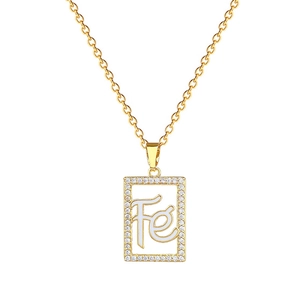 Elegant gold titanium necklace featuring a rectangular pendant with zircon pave and Fe script