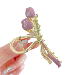 Hand-painted purple tulip flower claw clip with gold metal finish for elegant hair styling