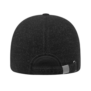 Rear view of black wool baseball cap with metal buckle and thick warm fabric