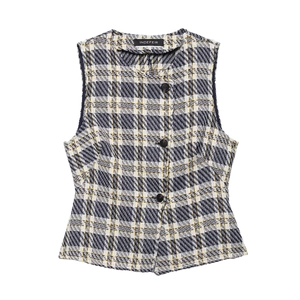 Gilet sans manches en tweed à carreaux pour femmes avec boutons noirs en bleu et jaune