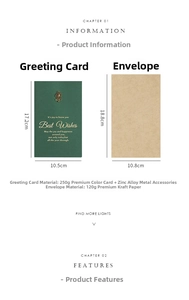 Detail of dark green greeting card with gold stamp, zinc alloy rose, and kraft envelope
