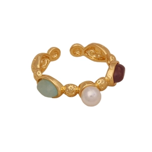 Retro gold open ring with colorful natural stone inlay of green and purple gems