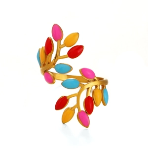 Fashionable golden stainless steel open ring with colorful leaf design and enamel finish