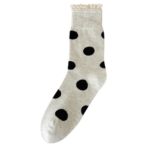 Calze beige a grandi pois neri con bordo in pizzo raffinato per donna e ragazza
