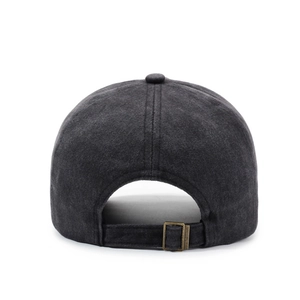Back view of a washed grey cotton baseball cap with an adjustable bronze metal buckle