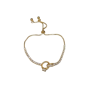 Adjustable gold plated bamboo link bracelet with zircon stones and double ring center