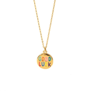 Gold plated stainless steel necklace featuring a colorful Good Luck round pendant charm