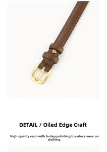 Macro detail of brown leather belt with matte gold buckle and resin edge finish