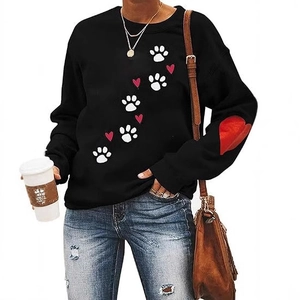 Women Sweatshirt Long Sleeve Round Neck Cotton Blend Valentine Heart Paw Print Casual Pullover Fashion Top For Daily