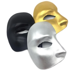 Three half-face masquerade masks in matte black, shiny gold, and metallic silver finishes