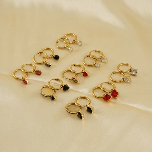 Collection of 18K gold stainless steel hoop earrings with heart and teardrop zircons