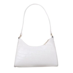 Minimalist white faux leather baguette bag with crocodile pattern and golden zipper