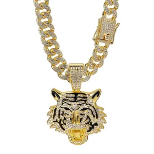 Hip Hop Tiger Head Pendant Necklace Iced Out Rhinestone Enamel Alloy Cuban Link Chain Icy Bling Streetwear For Men