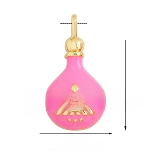 Detail view of pink potion-shaped charm with blue evil eye and golden eyelashes design