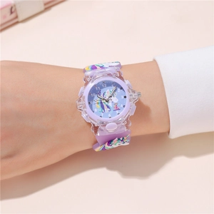 Detail of lavender silicone kids watch with 3D cartoon unicorn and luminous dial