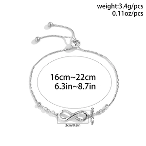 Detailed view of silver infinity necklace with cubic zirconia and adjustable box chain