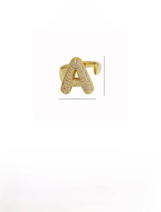 Detail view of adjustable gold letter A ring with white zircon pave setting dimensions