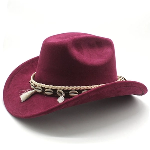 Detail of wine red suede cowboy hat featuring white fringe and seashell decorative band