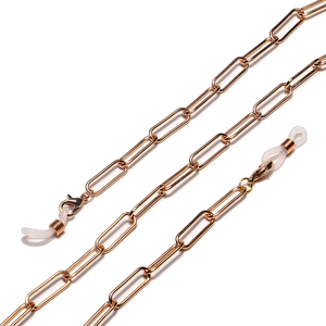 Rose gold paperclip chain eyewear strap with silicone loops and lobster clasps on white base