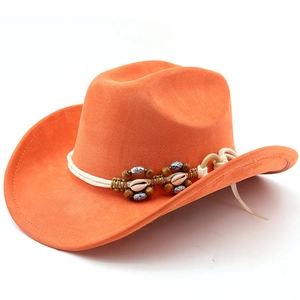 Detail of orange western cowboy hat with ethnic beads, shell accents, and braided trim