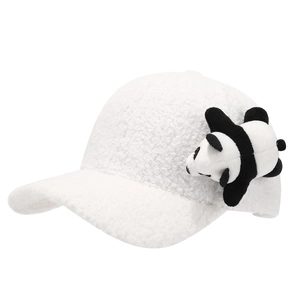 White fuzzy sherpa baseball cap featuring a cute 3D panda doll for autumn and winter