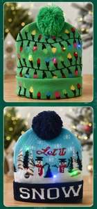 Detail of Christmas knit beanie with LED lights, festive snowman pattern and ON/OFF switch