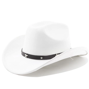 Detail of white western cowboy hat with black belt and silver star metallic ornaments