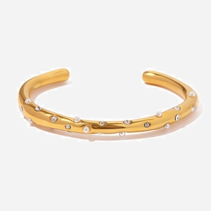 Gold Plated Stainless Steel Open Cuff Bracelet Molten Texture Inlaid Artificial Pearl Zirconia High End Elegant For Women