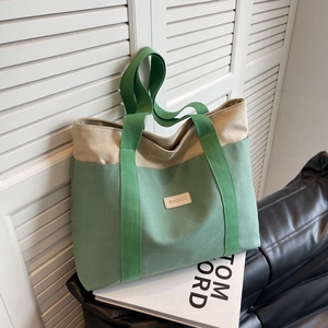 Women Canvas Tote Bag Large Capacity Patchwork Color Block Casual School Shoulder Handbag Korean Style Zipper Pocket