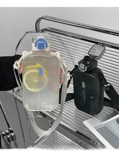 Detail view of square plastic sports bottles with adjustable straps and flip-top lids