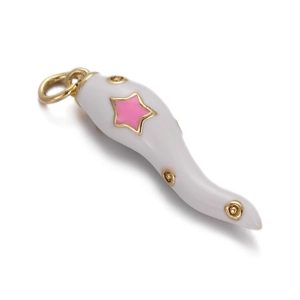 Detailed view of small white enamel chili pendant with pink star pattern for DIY jewelry