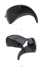 Detailed side and back view of Y2K futuristic wrap around oversized visor sunglasses