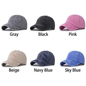 Distressed washed denim baseball caps with embroidery in six varied colors for outdoor style