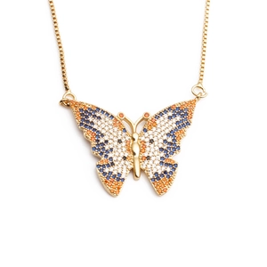 Butterfly necklace with gold plating and colorful pavé cubic zirconia butterfly pendant
