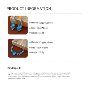 Detailed size and material specification chart for heart zircon necklace and earring set