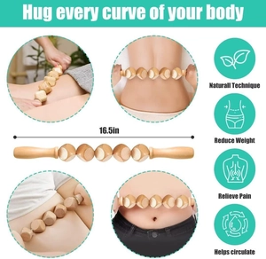 Detailed view of a 16.5-inch wooden massage roller used for back, leg, and body therapy