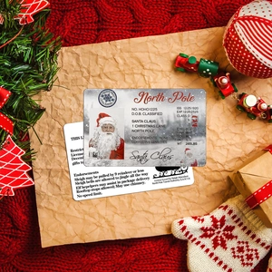 Macro view of Santa Claus driver's license card with creative sled details on festive backdrop