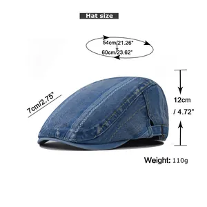Size chart showing denim flat cap dimensions: 54-60cm circumference and 7cm brim