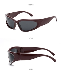 Front, side, and back views of glossy burgundy wrap-around sports cycling sunglasses