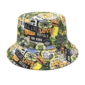 Close-up of retro graffiti print on durable canvas bucket hat with urban letter patterns