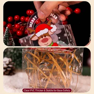 Transparent Christmas PVC gift box with elk prints and sturdy handle for festive packaging