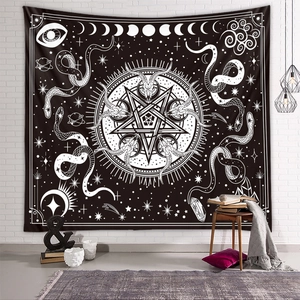 Detail of gothic tapestry featuring goat skulls, moon phases and occult symbols on a wall