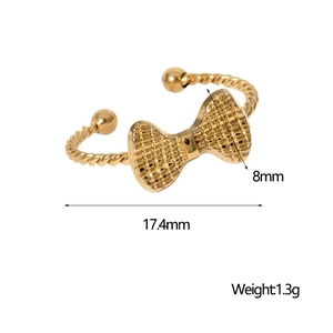 Detailed view of golden bow ring with size measurements 17.4mm width and 1.3g weight