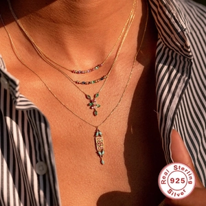 Real 925 sterling silver hummingbird pendant necklace with multi-color gemstones in gold