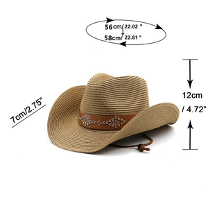 Detail view of woven straw cowboy hat with dimensions showing 7cm brim and 12cm crown height