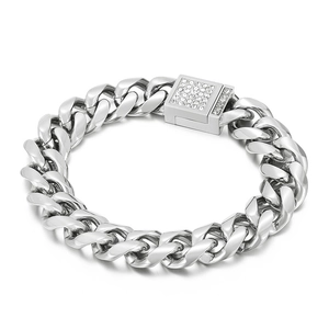 Hip hop Cuban chain bracelet in silver stainless steel with CNC inlaid zirconia buckle