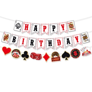 Detailed casino theme birthday banner with poker cards, dice, and roulette patterns