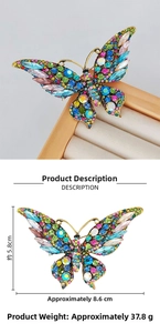 Detailed butterfly brooch view with multi-color crystals and 5.8cm by 8.6cm dimensions