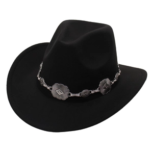 Vintage schwarzer Panama Fedora Hut mit silberner Metallkette und Ethno-Blumenschnalle