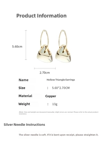 Detailed size chart and material specs for gold hollow triangle drop earrings